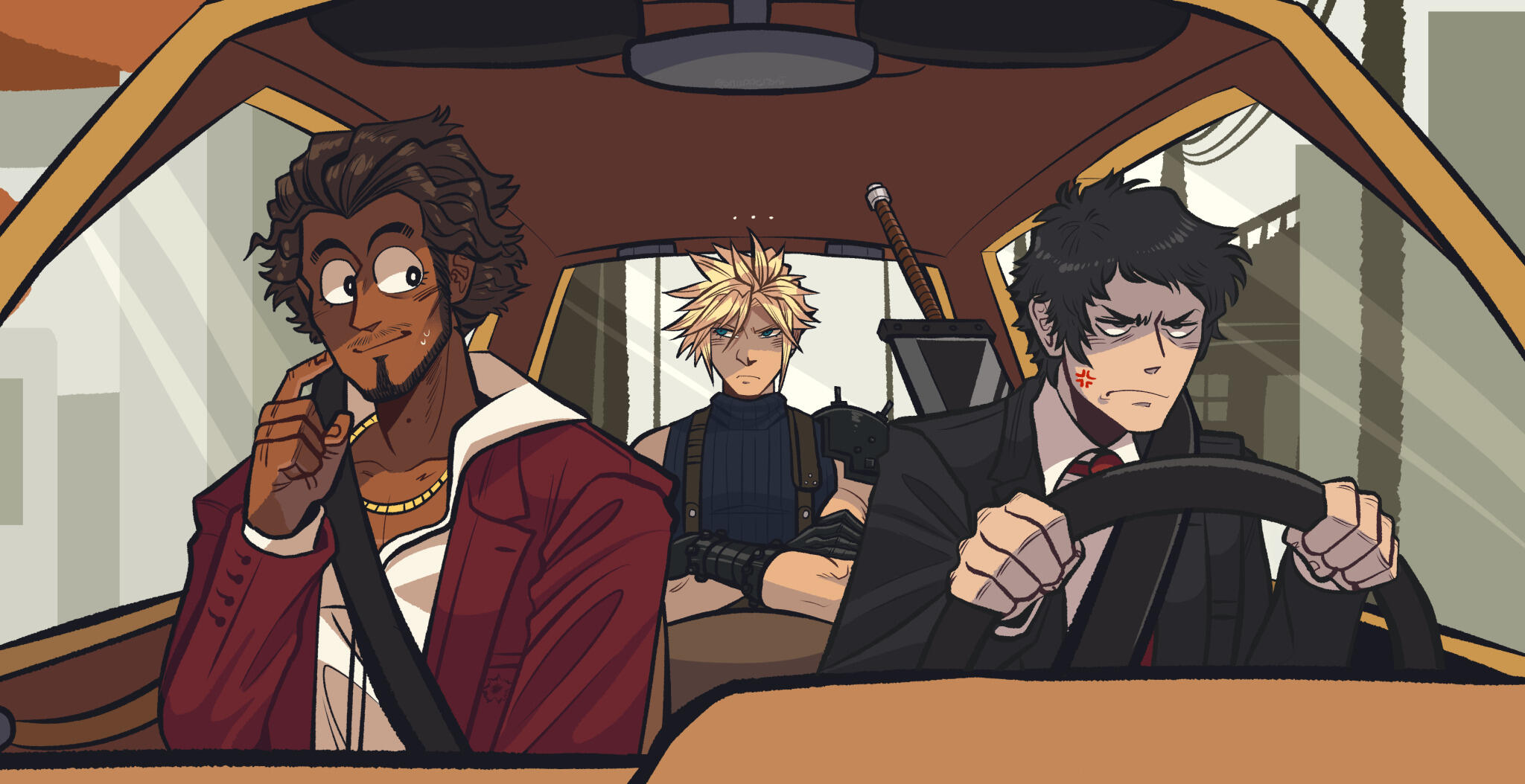 Variation of the Angry Goofy meme only Tohru Adachi from Persona 4 is behind the wheel of the car and Ichiban Kasuga from Like a Dragon sits in the passenger's seat. In the back seat of the car, Cloud Strife from Final Fantasy VII sits with his arms crosse